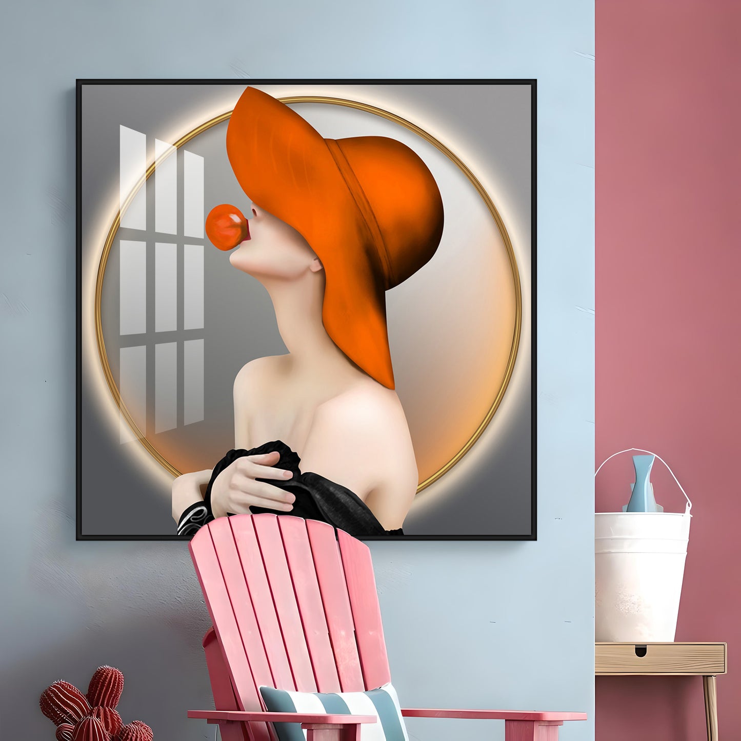 Modern Girl With Hat Premium Acrylic Square Wall Art