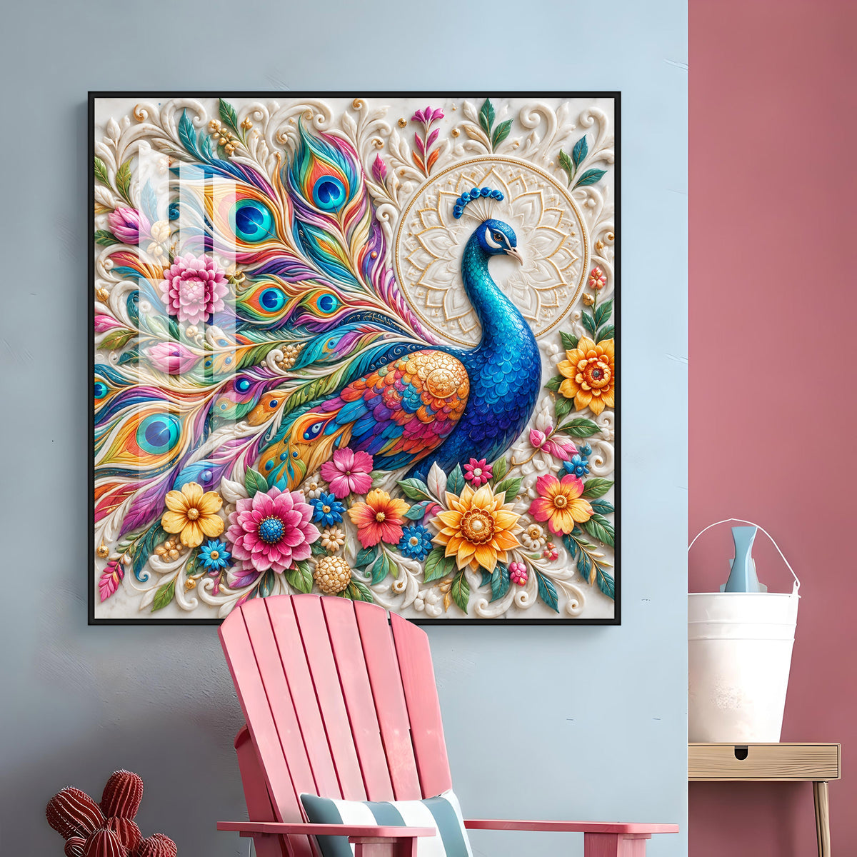 Vibrant Peacock Floral Premium Acrylic Square Wall Art