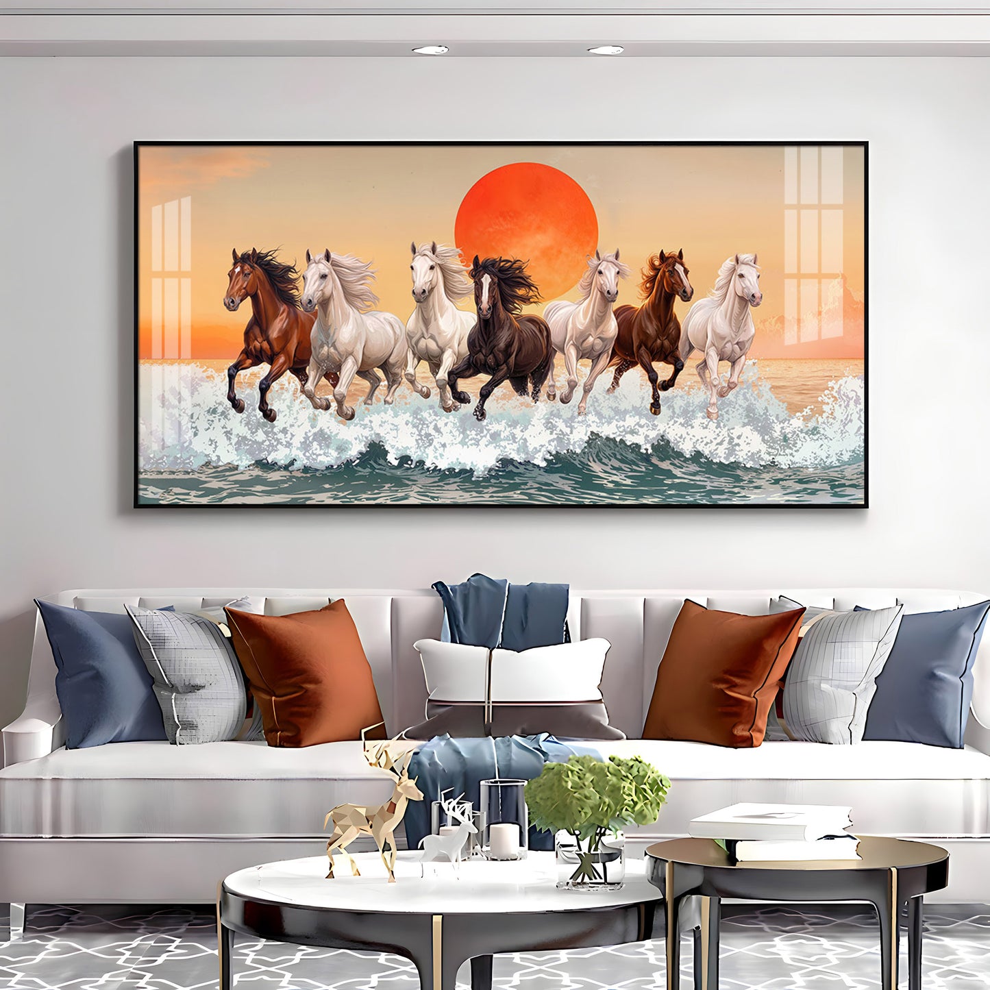 Seven Horses Glloping Across Ocean Premium Acrylic Horizontal Wall Art