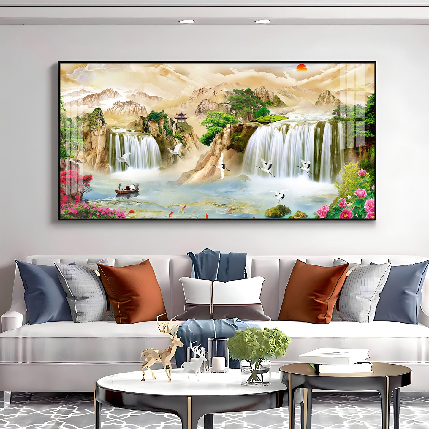 Serene Landscape With Cranes & Flowers Premium Acrylic Horizontal Wall Art