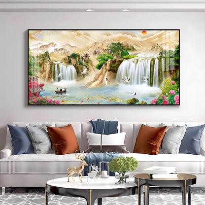 Serene Landscape With Cranes & Flowers Premium Acrylic Horizontal Wall Art