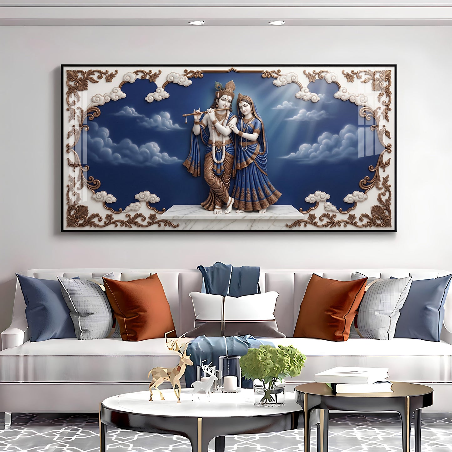 Radha Krishna Surrounded With Blue Backdrop Premium Acrylic Horizontal Wall Art