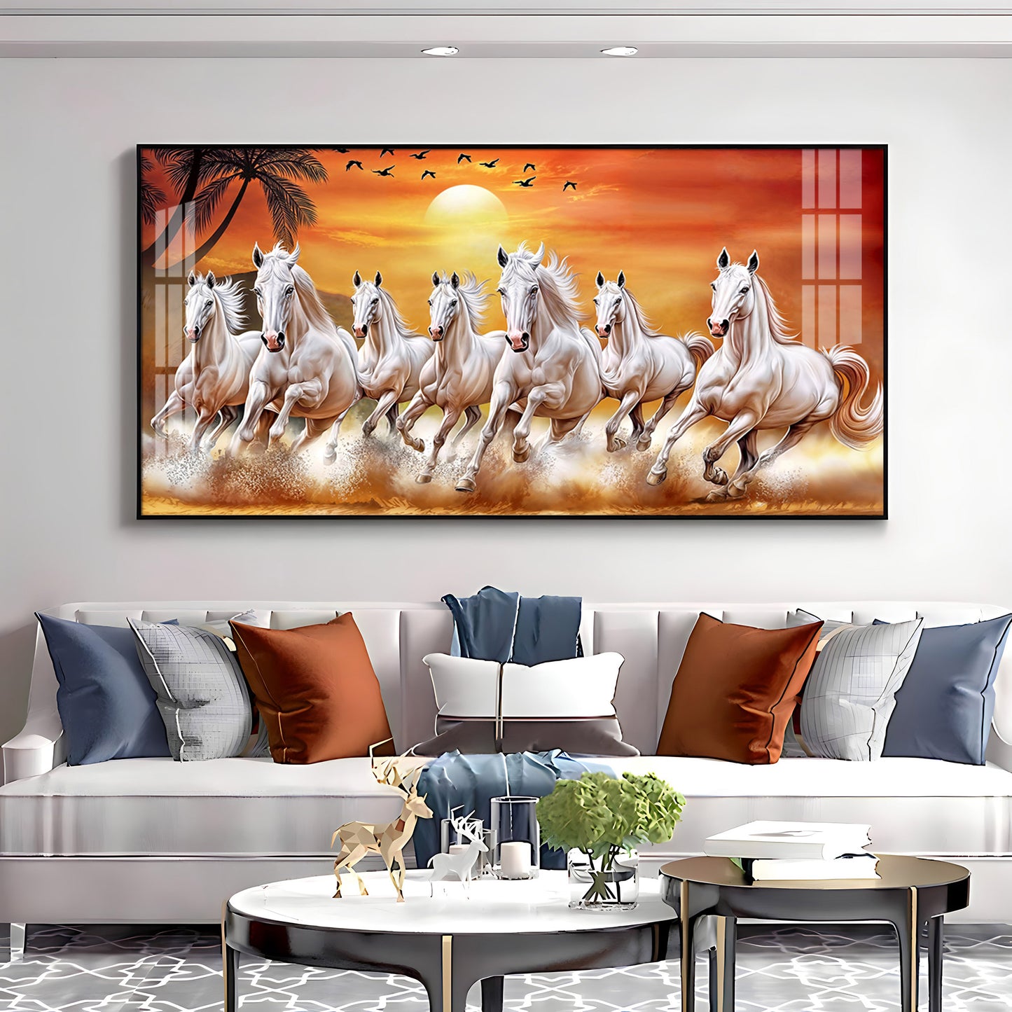 7 White Running Horses in The Sea With Sunrise Premium Acrylic Horizontal Wall Art