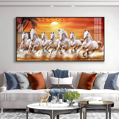 7 White Running Horses in The Sea With Sunrise Premium Acrylic Horizontal Wall Art