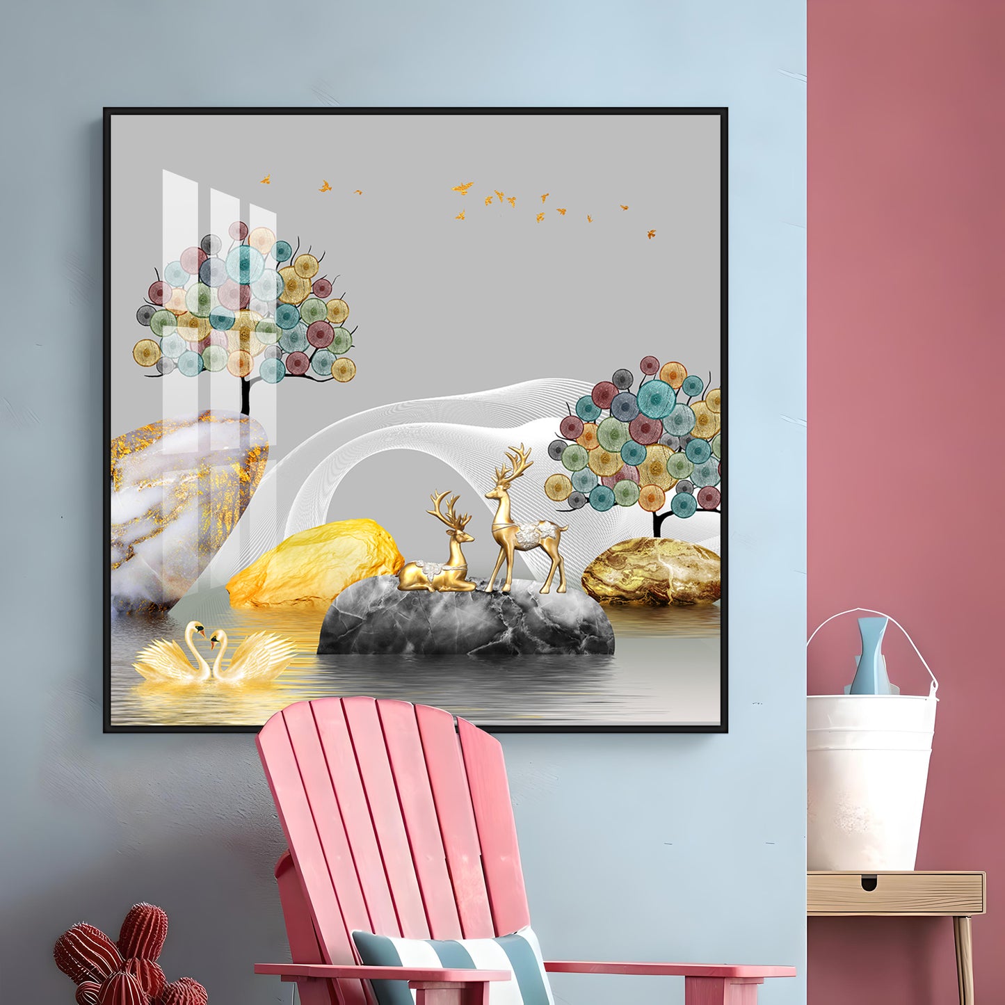 Couple Of Deer & Swan Premium Acrylic Square Wall Art