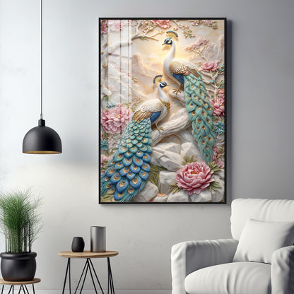 Stylist Peacock and Floral Design Premium Acrylic Vertical Wall Art