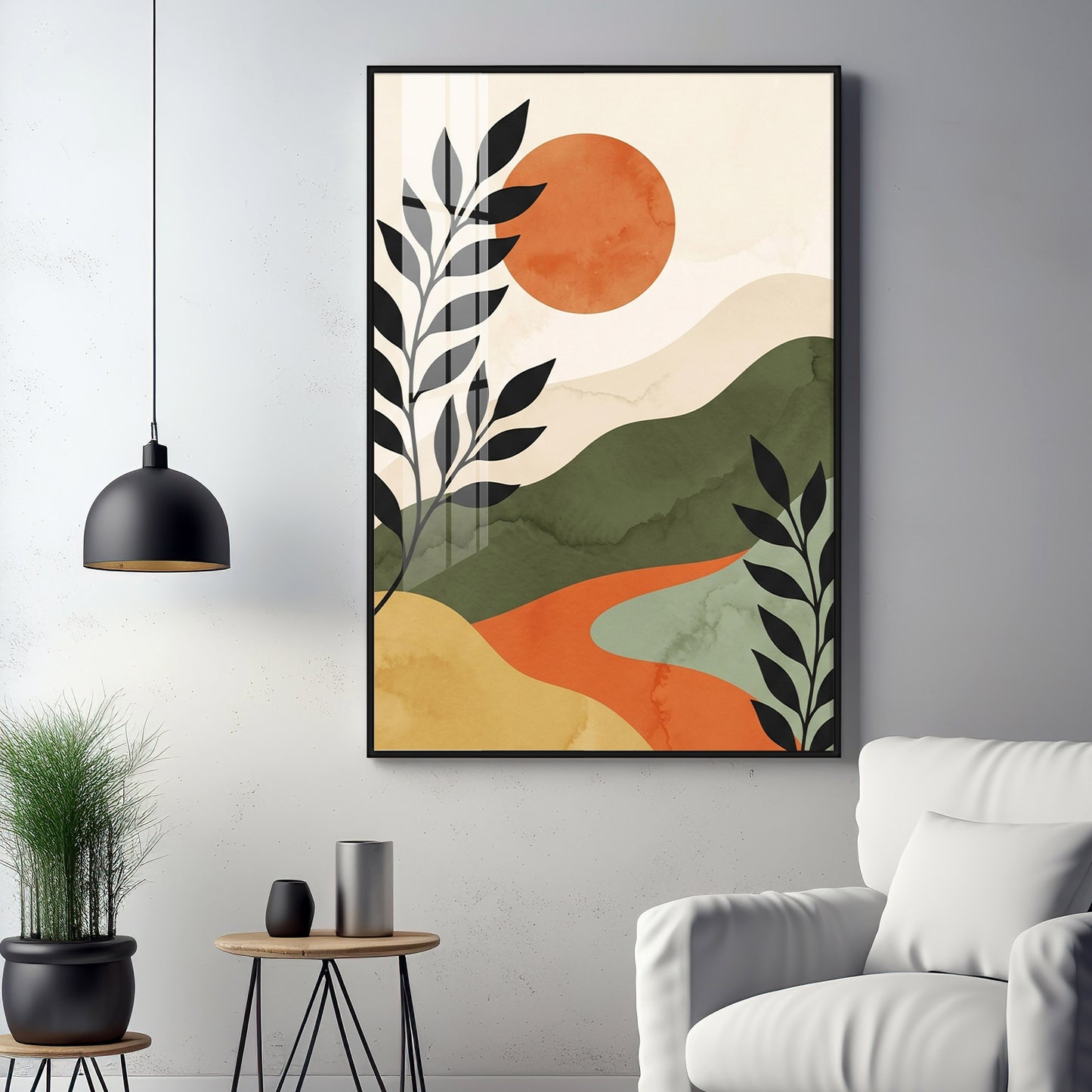 Earth-Toned Mountains & Red Moon Premium Acrylic Vertical Wall Art