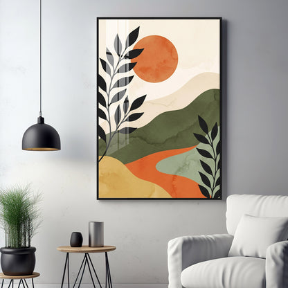 Earth-Toned Mountains & Red Moon Premium Acrylic Vertical Wall Art