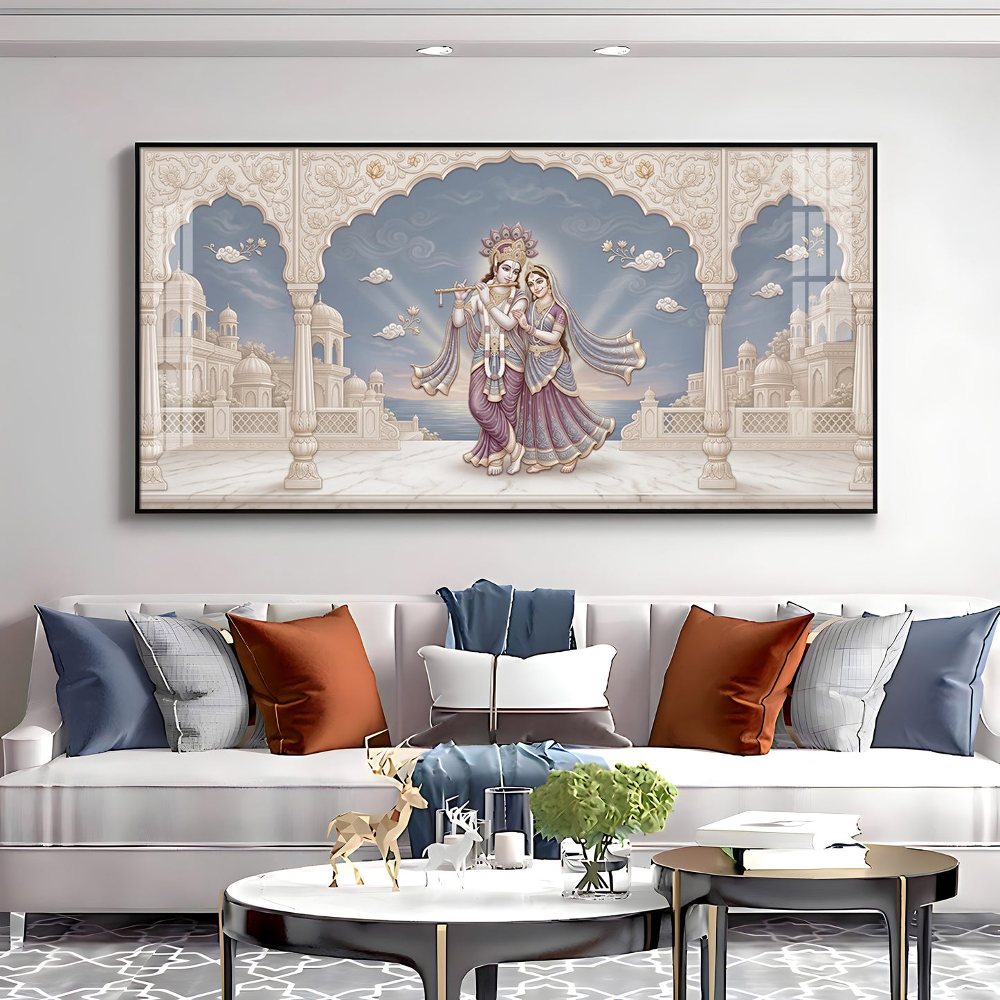 Shri Krishna Playing Flute With Radha Premium Acrylic Horizontal Wall Art