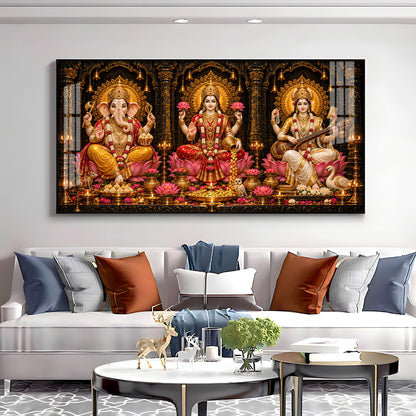 Maa Lakshmi, Saraswati & Ganesha Ji Premium Acrylic Horizontal Wall Art