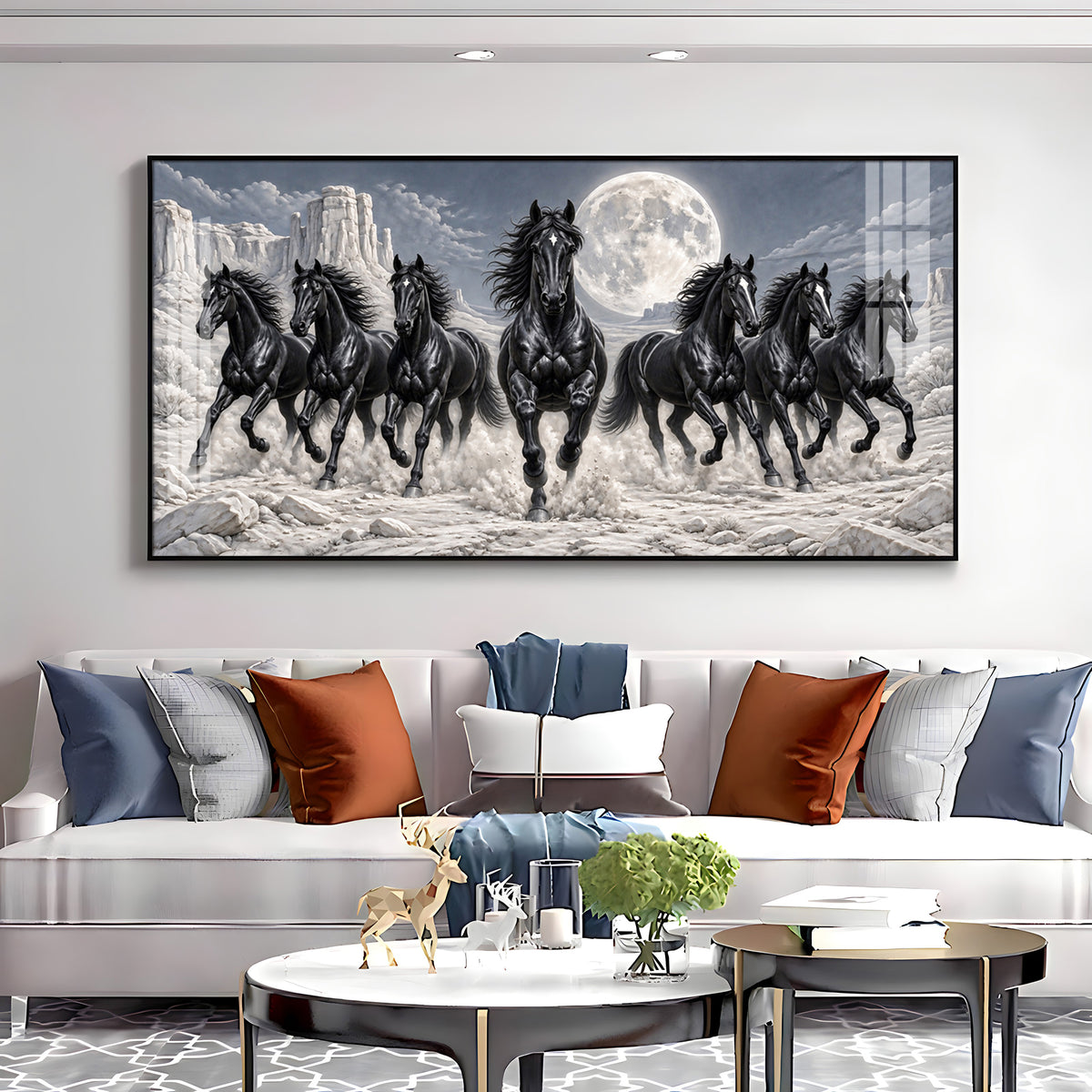 Seven Running Black Horses Premium Acrylic Horizontal Wall Art