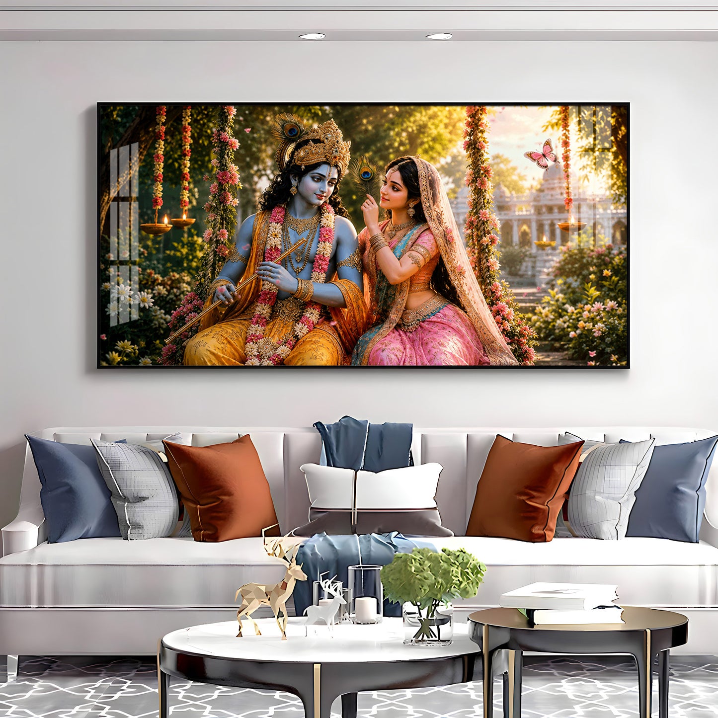 Krishna With Radha Seated Together Premium Acrylic Horizontal Wall Art