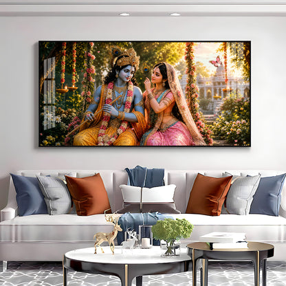 Krishna With Radha Seated Together Premium Acrylic Horizontal Wall Art