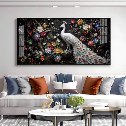 Peacock Embellishments & Black Background Premium Acrylic Horizontal Wall Art