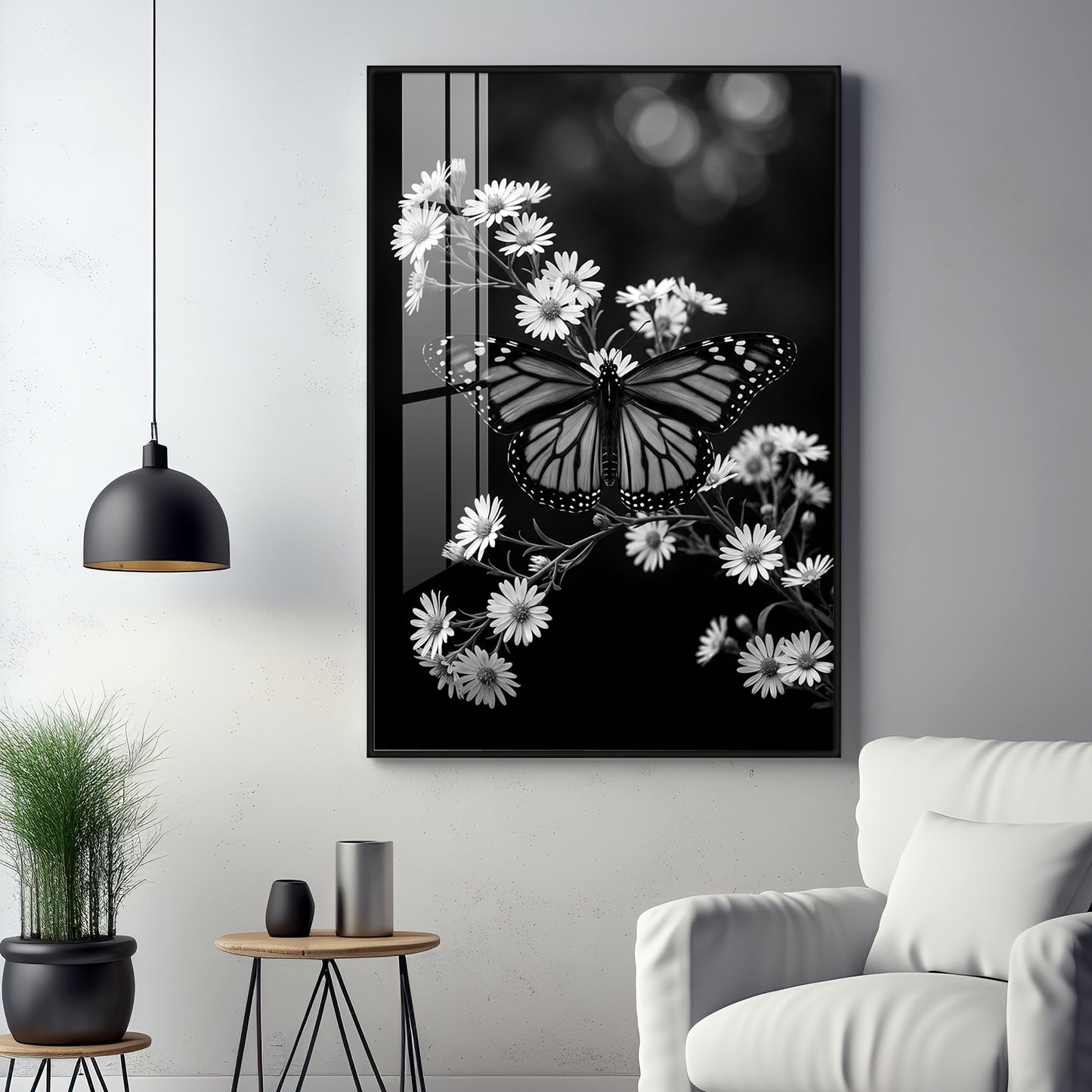 Elegant Black & White Butterfly & Floral Premium Acrylic Vertical Wall Art