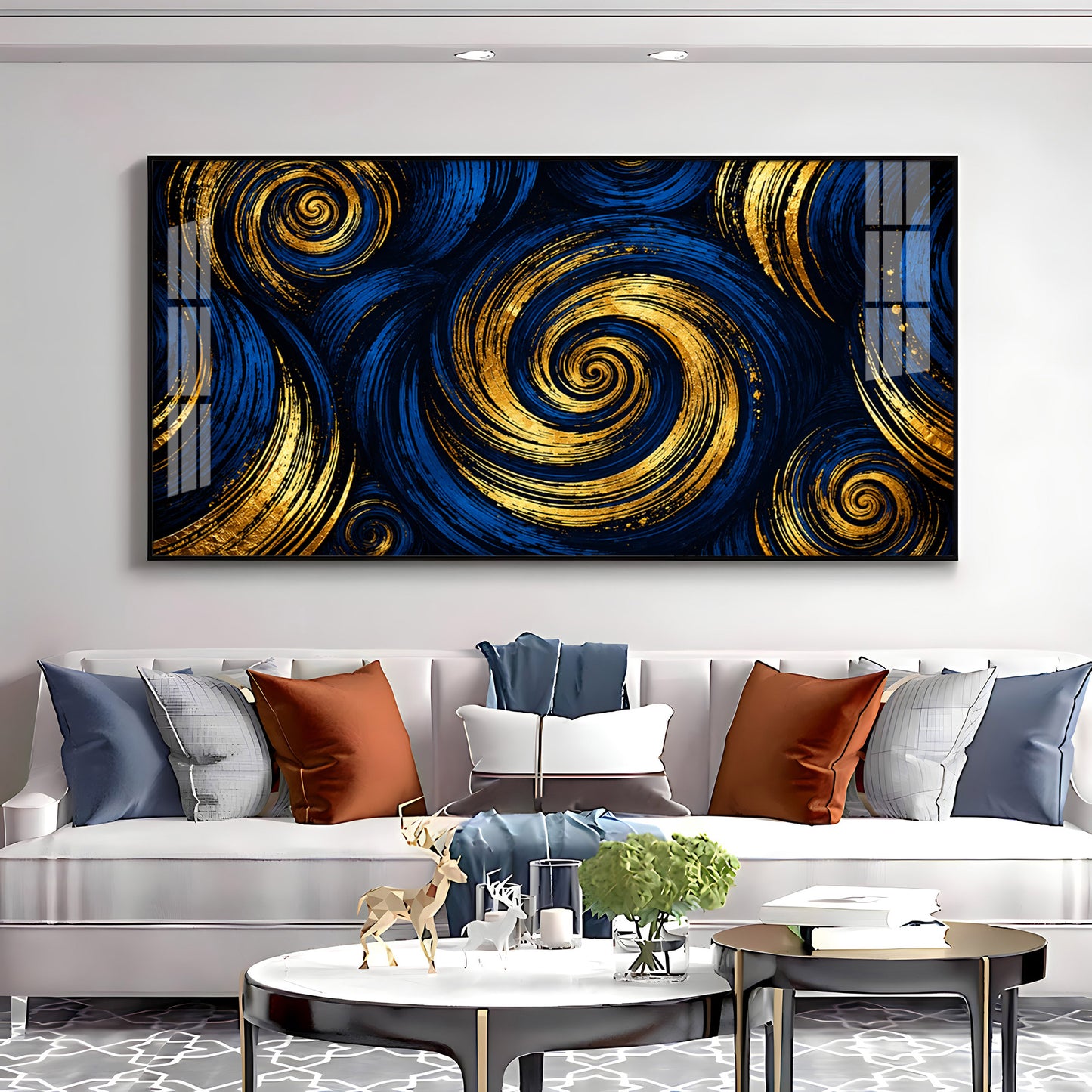 Blue Gold Swirls Premium Acrylic Horizontal Wall Art