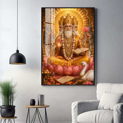 Lord Brahma With Vedas Premium Acrylic Vertical Wall Art