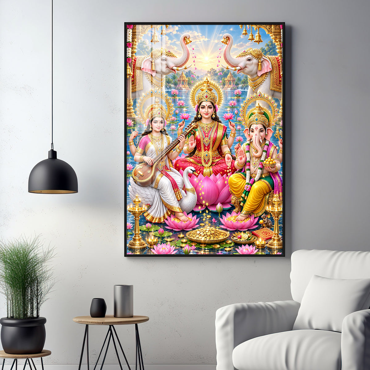 Lord Ganesh, Maa Laxmi & Maa Saraswati Premium Acrylic Vertical Wall Art
