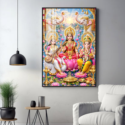 Lord Ganesh, Maa Laxmi & Maa Saraswati Premium Acrylic Vertical Wall Art