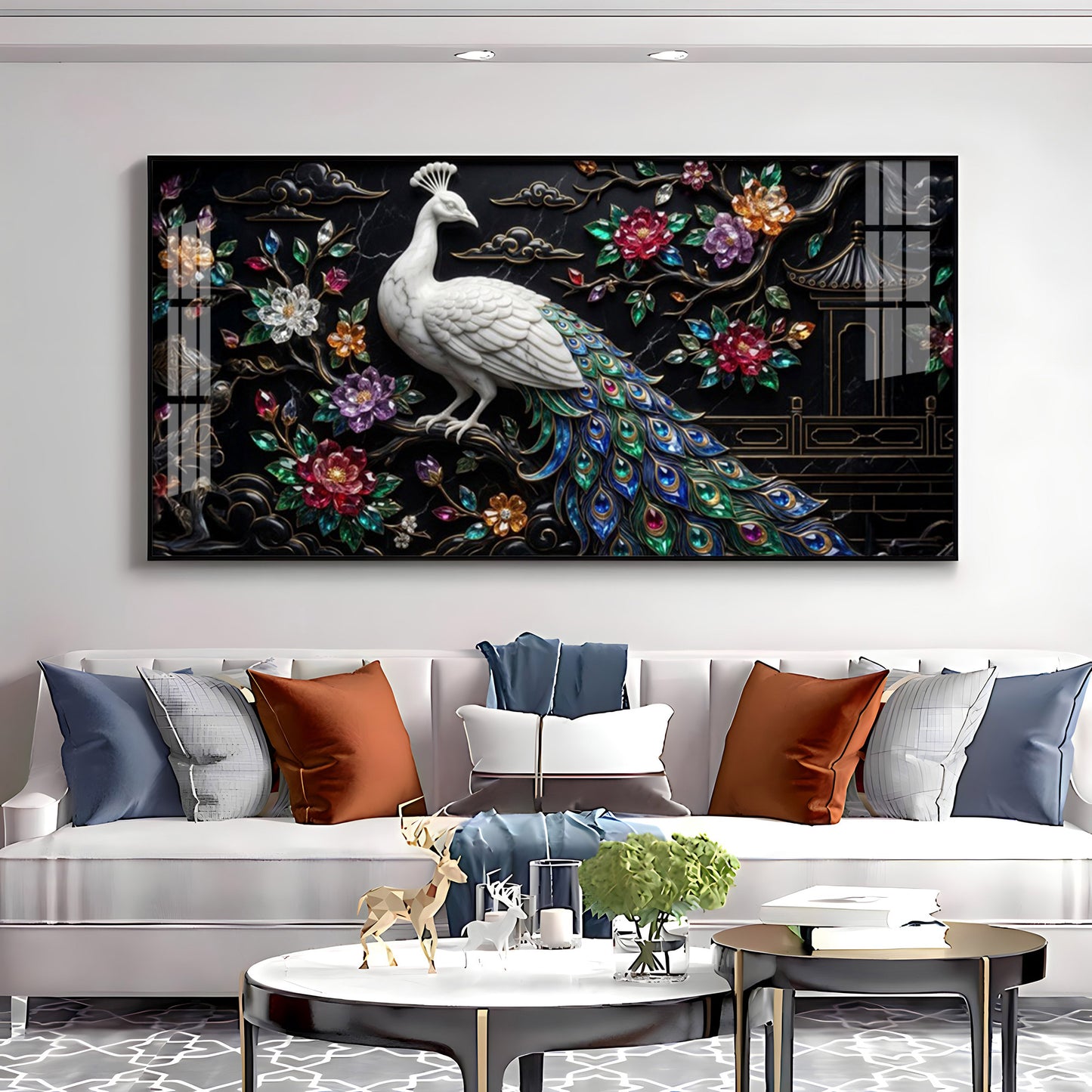 White Peacock With Colorful Background Premium Acrylic Horizontal Wall Art