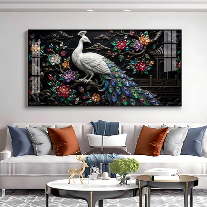 White Peacock With Colorful Background Premium Acrylic Horizontal Wall Art