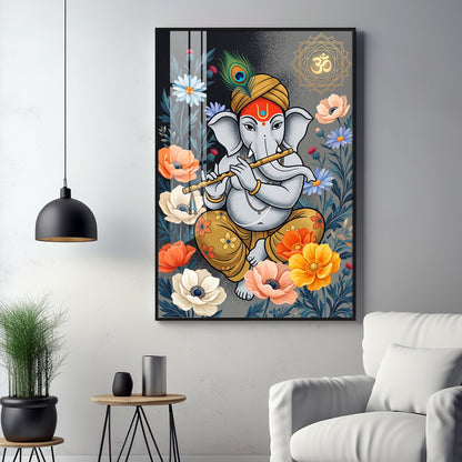 Lord Ganesha Playing Flute Premium Acrylic Vertical Wall Art