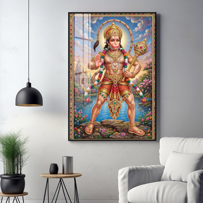 Lord Hanuman Holding A Gada Premium Acrylic Vertical Wall Art