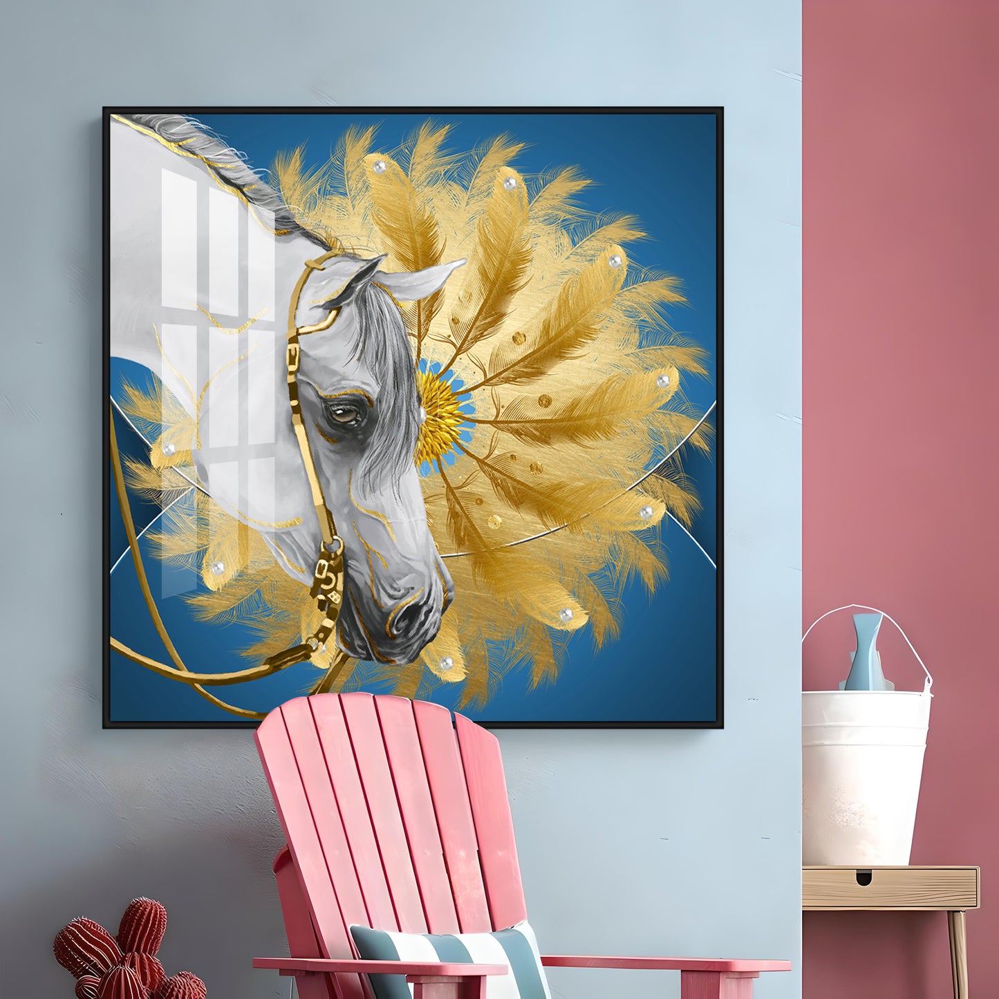 White Horse With Golden chakra Premium Acrylic Square Wall Art