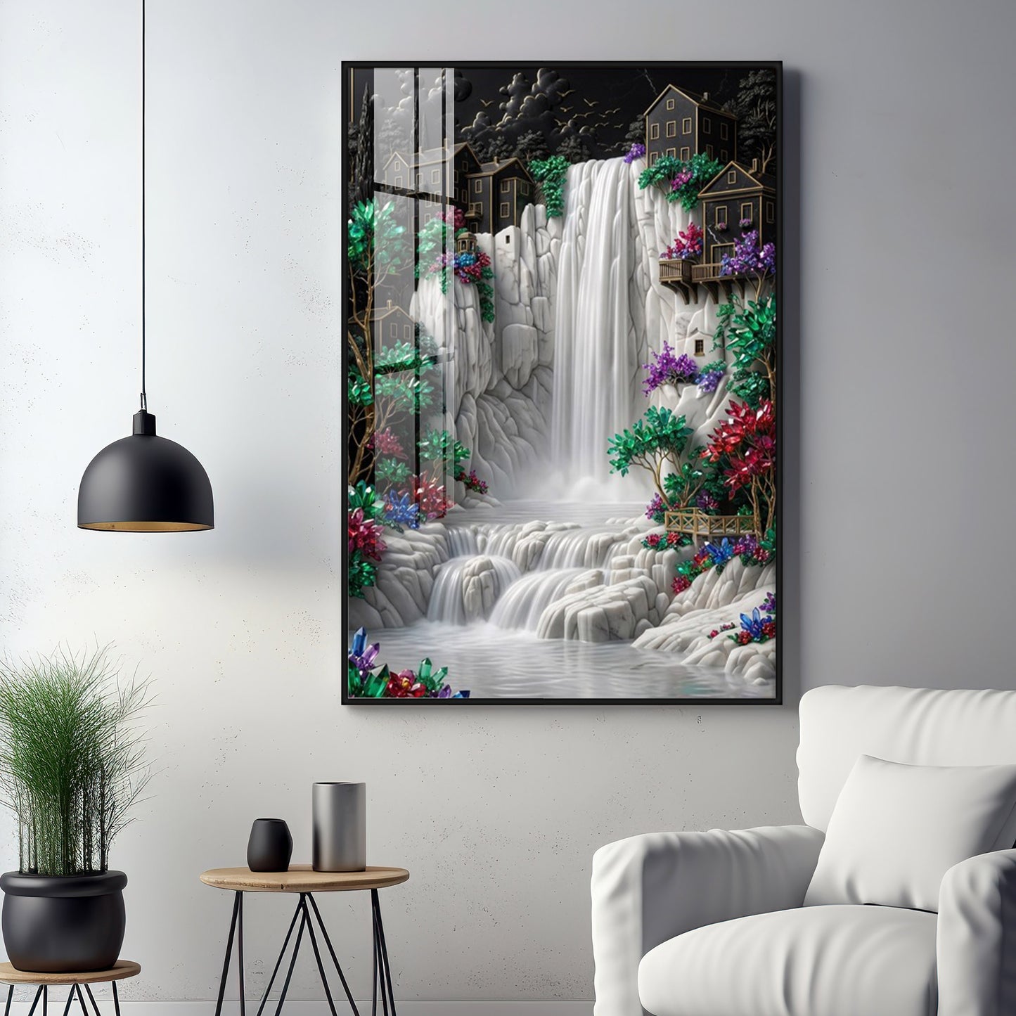 Waterfall Surrounded By Houses Premium Acrylic Vertical Wall Art