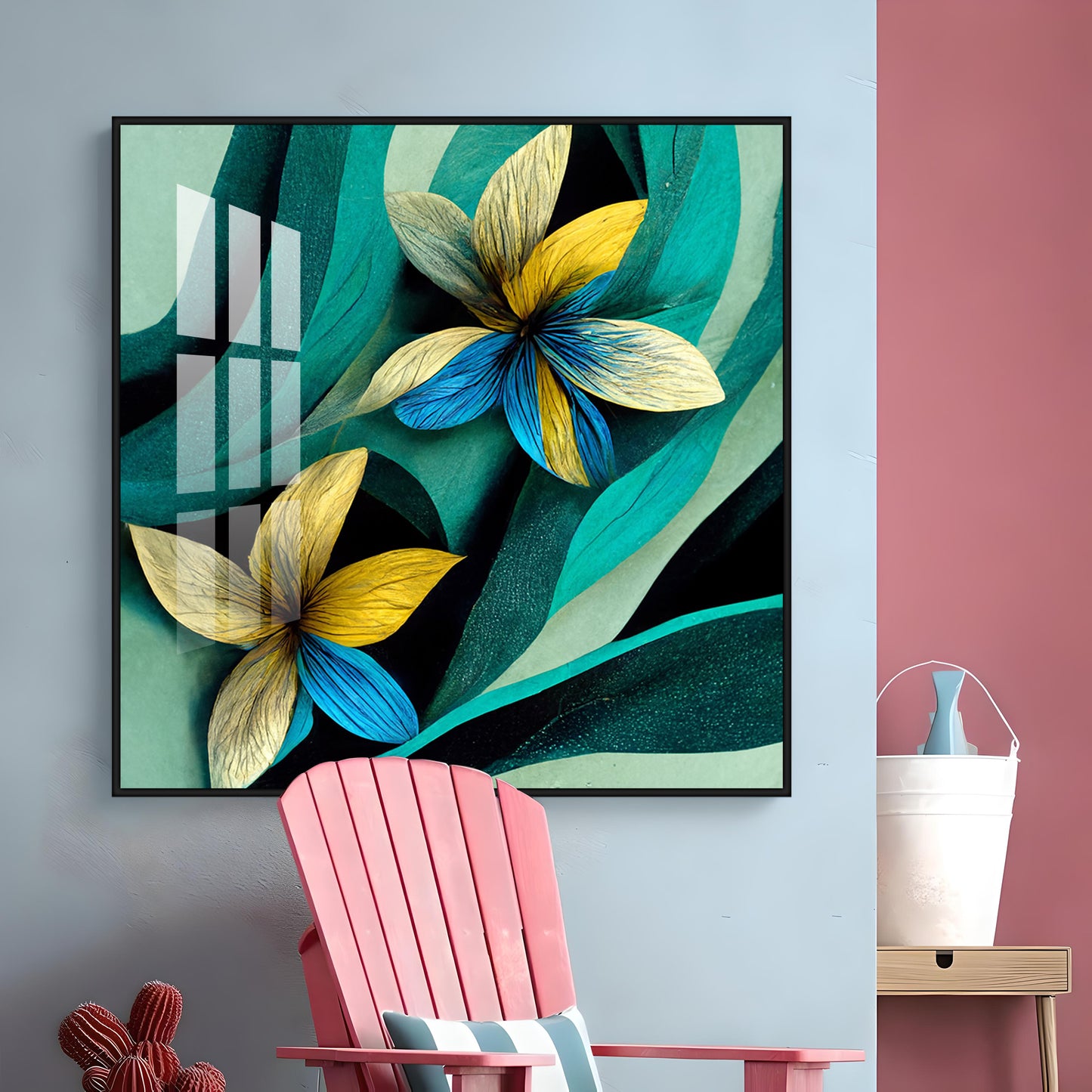 Teal and Yellow Abstract Flower Premium Acrylic Square Wall Art