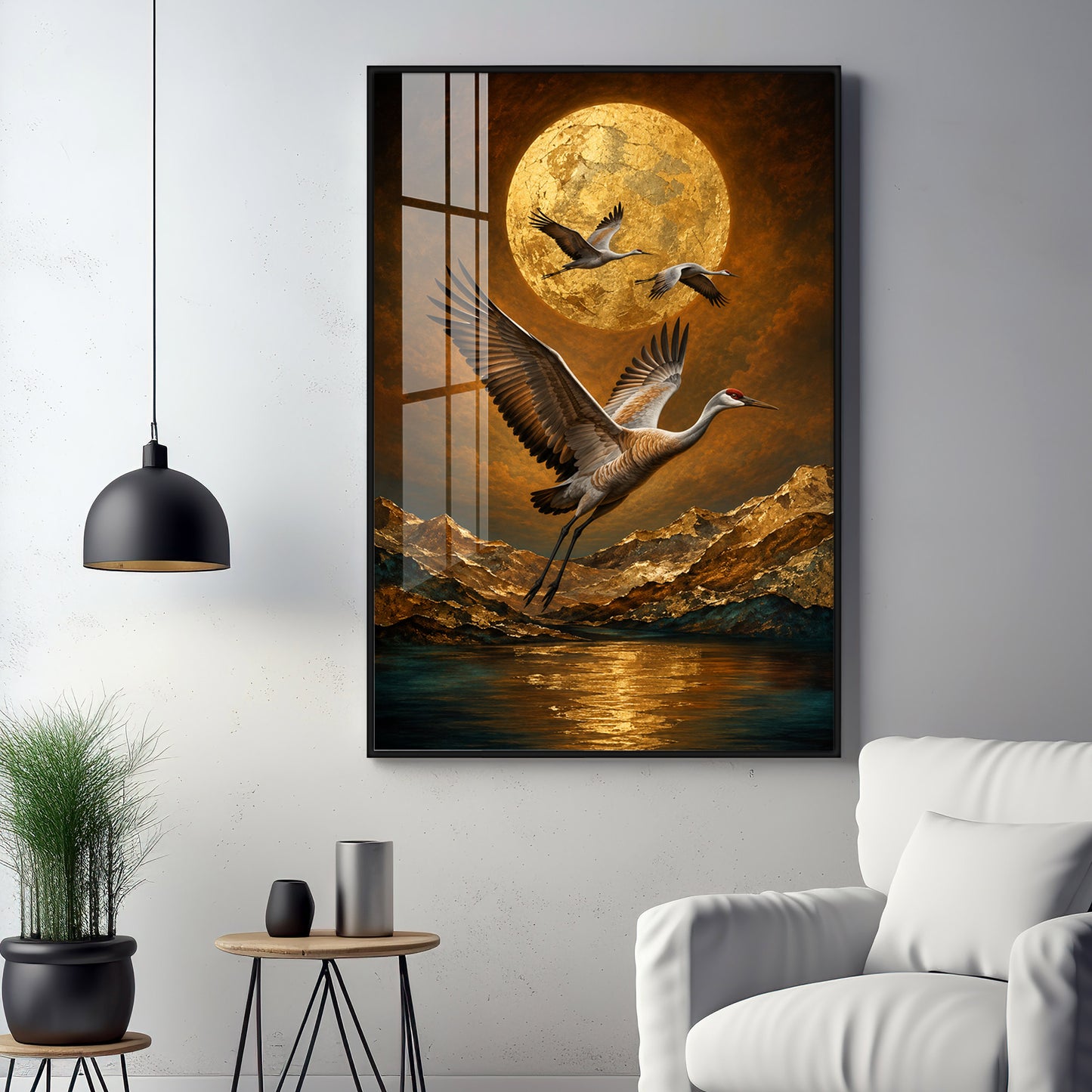 Golden Moon & Flying Cranes Premium Acrylic Vertical Wall Art