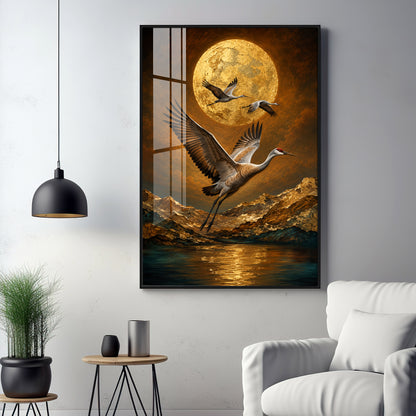 Golden Moon & Flying Cranes Premium Acrylic Vertical Wall Art