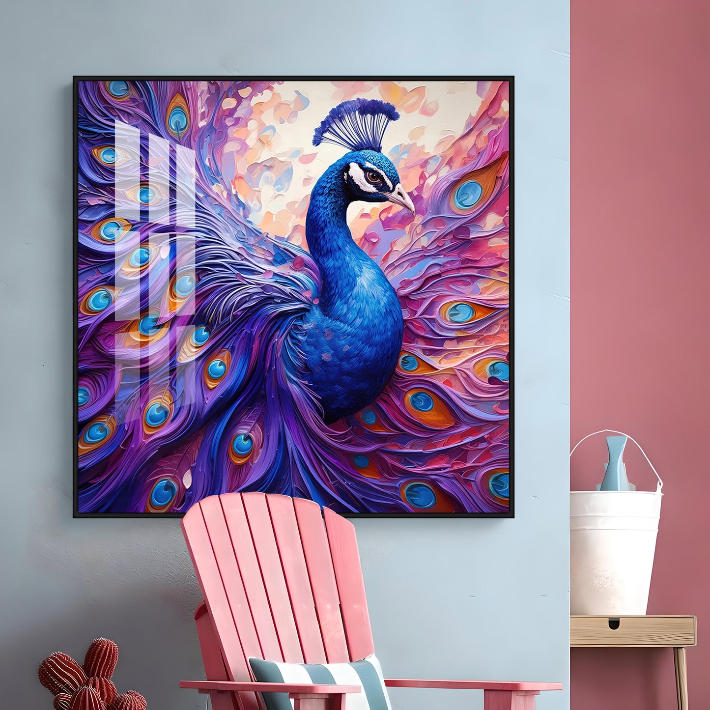 Vibrant Peacock With Feathers Premium Acrylic Square Wall Art