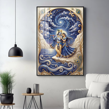 Radha Krishna Moonlit Dance Premium Acrylic Vertical Wall Art