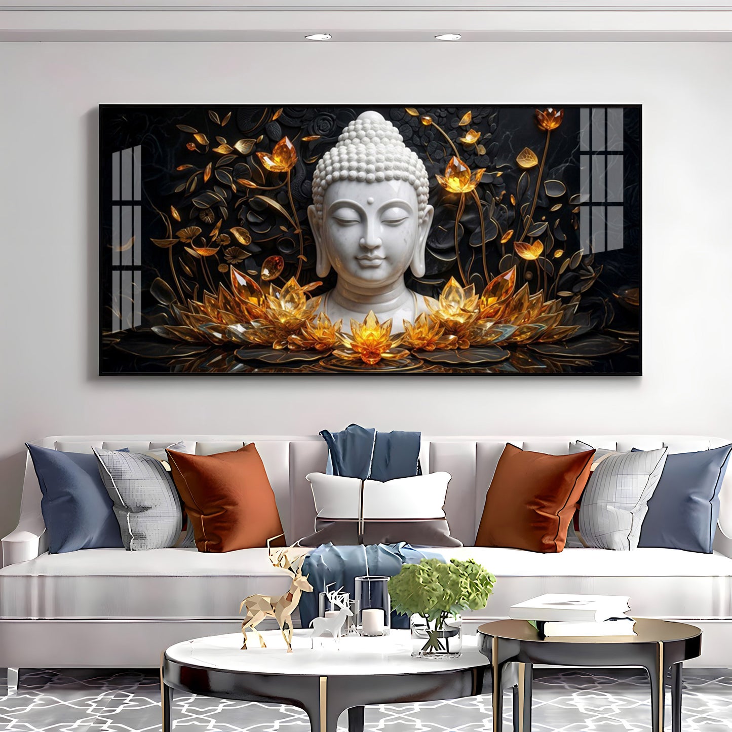 Gold Flower Meditating Buddha Premium Acrylic Horizontal Wall Art