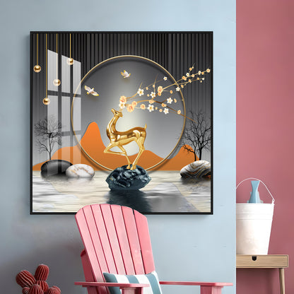 Golden Deer With Elegance Premium Acrylic Square Wall Art