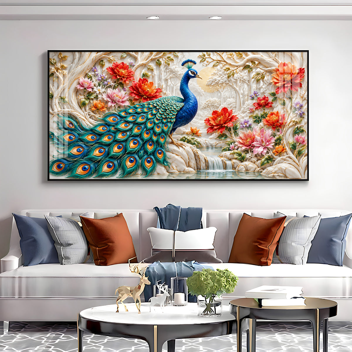 Vibrant Peacock With Floral Premium Acrylic Horizontal Wall Art