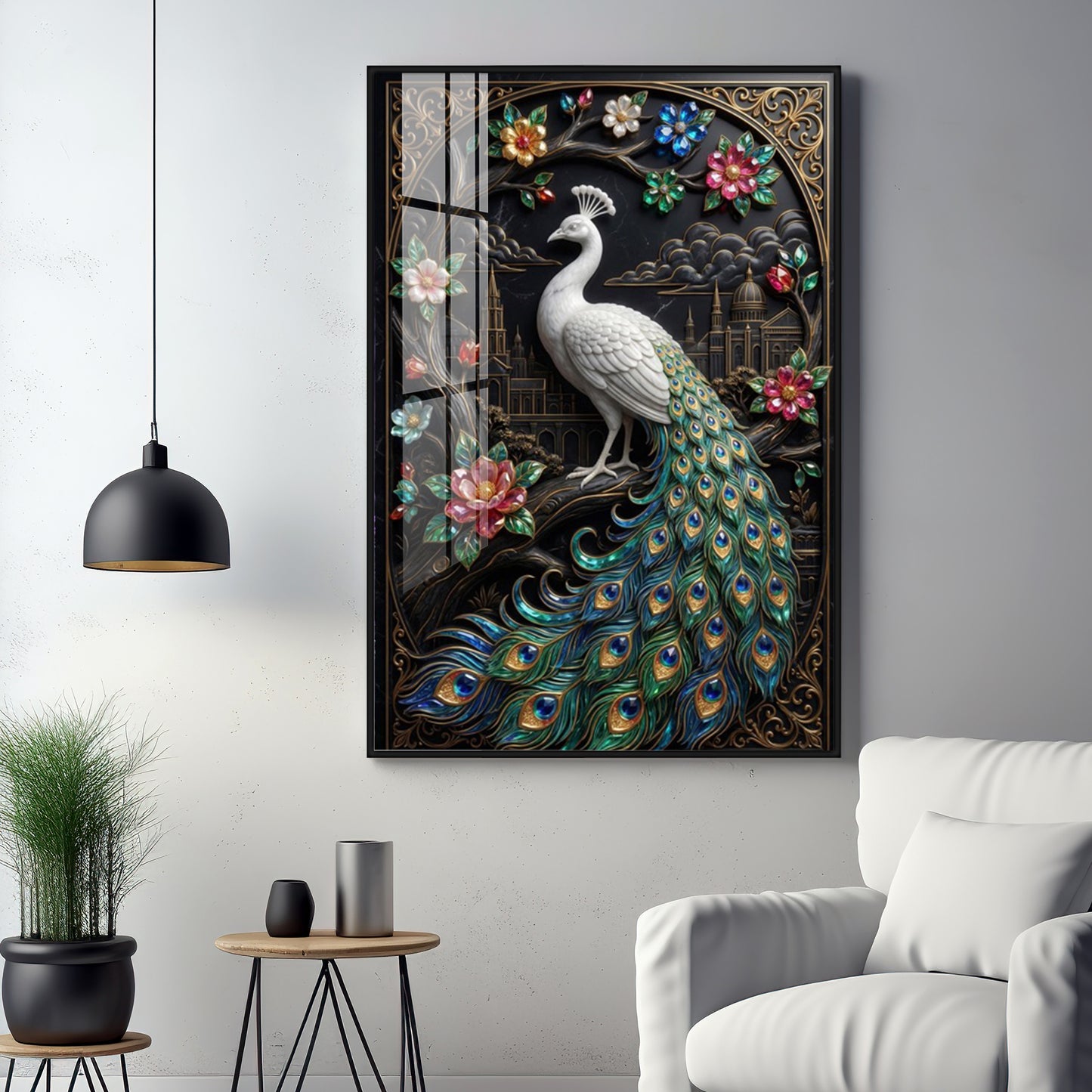 Peacock With Flowers Premium Acrylic Vertical Wall Art