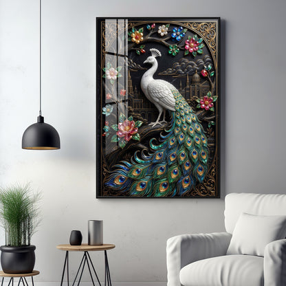 Peacock With Flowers Premium Acrylic Vertical Wall Art