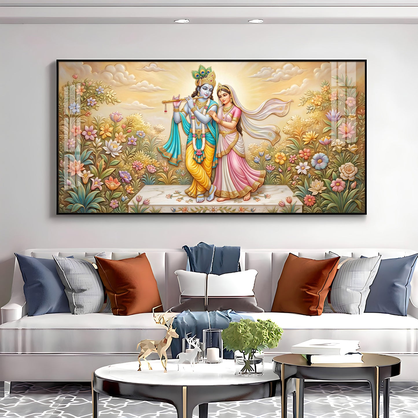 Radha Krishna Surrounded By Flowers Premium Acrylic Horizontal Wall Art