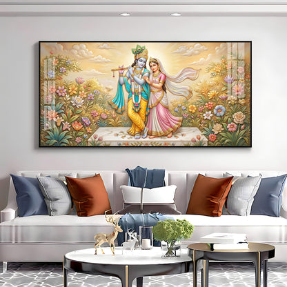 Radha Krishna Surrounded By Flowers Premium Acrylic Horizontal Wall Art