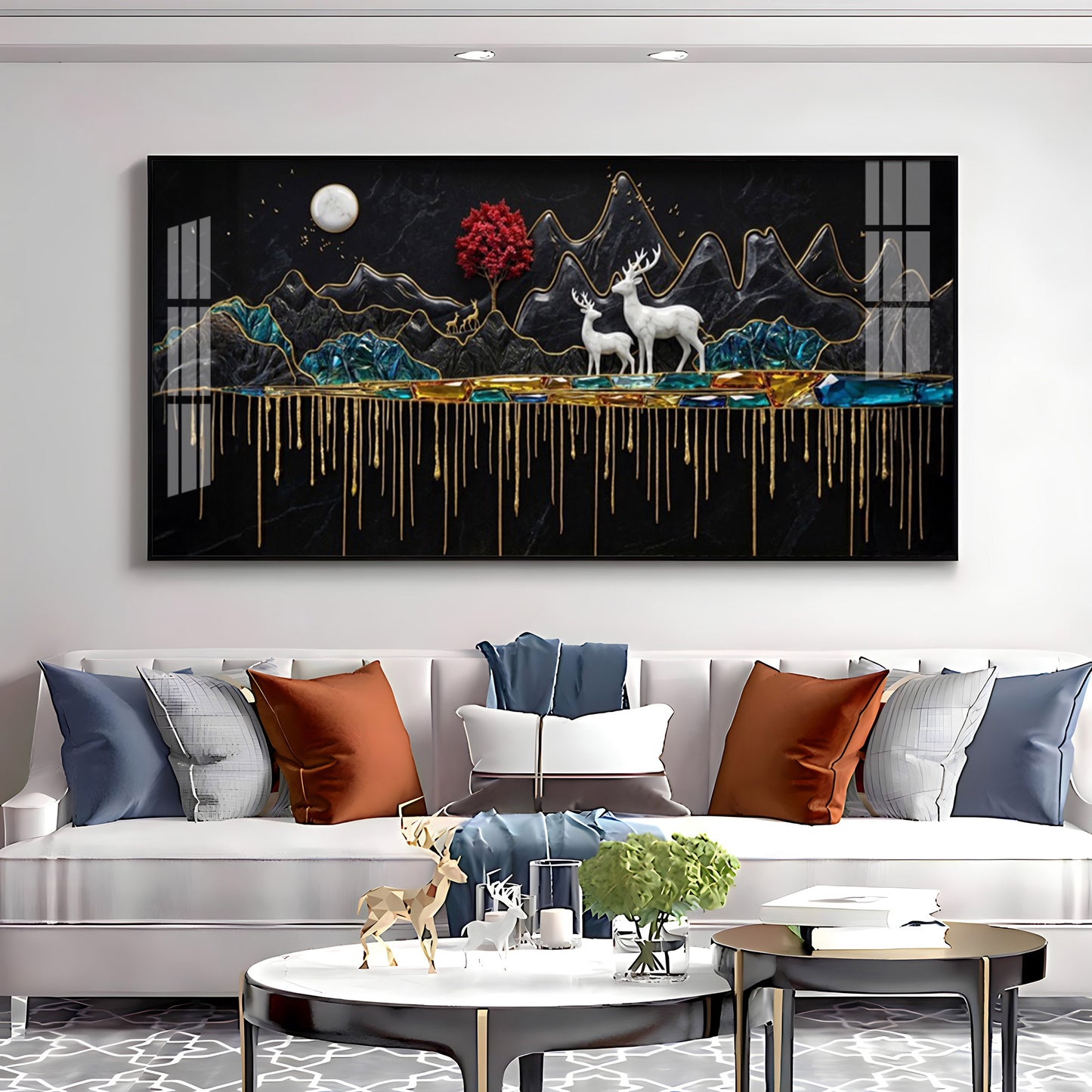 Nature's Gold With Deer in the Mountains Premium Acrylic Horizontal Wall Art