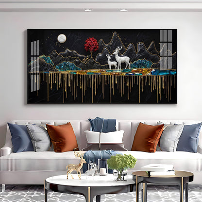 Nature's Gold With Deer in the Mountains Premium Acrylic Horizontal Wall Art