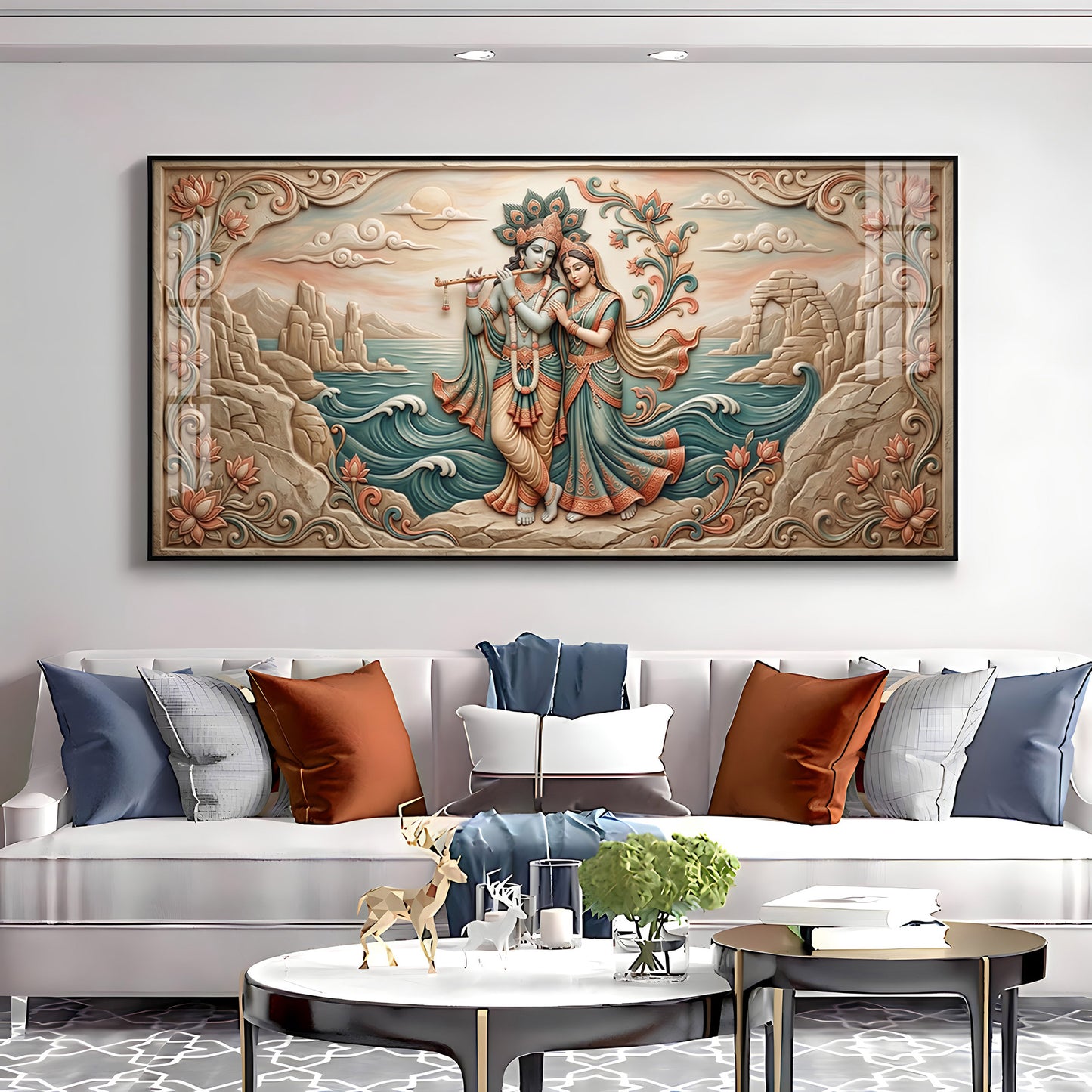 Radha Krishna With Flowers Premium Acrylic Horizontal Wall Art