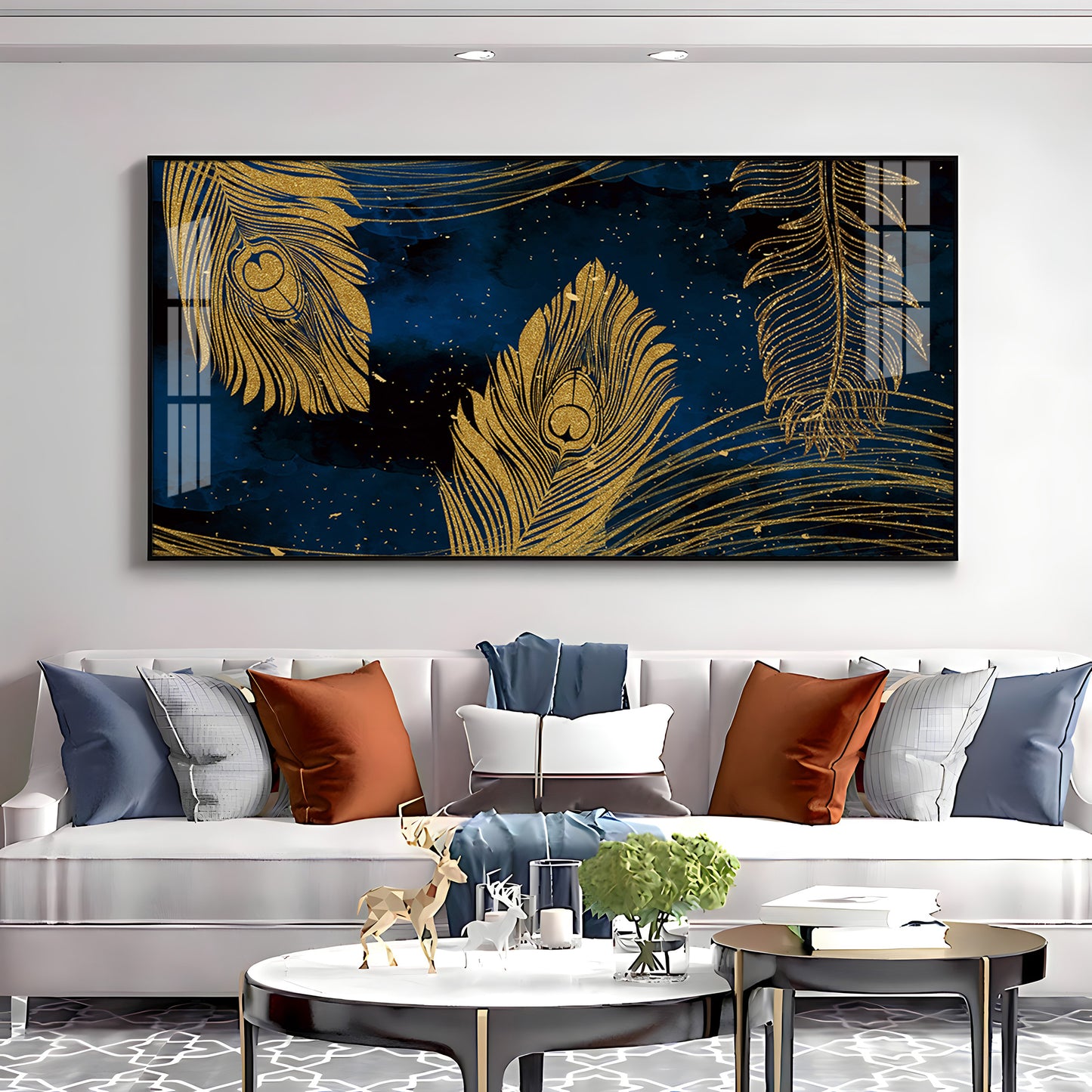 Gold Metallic Peacock Feathers Premium Acrylic Horizontal Wall Art
