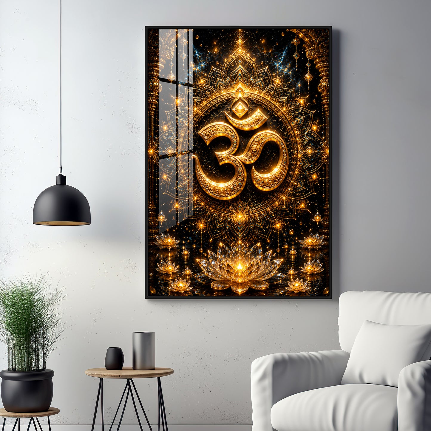 Golden Om Symbol Premium Acrylic Vertical Wall Art