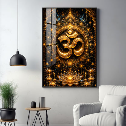 Golden Om Symbol Premium Acrylic Vertical Wall Art