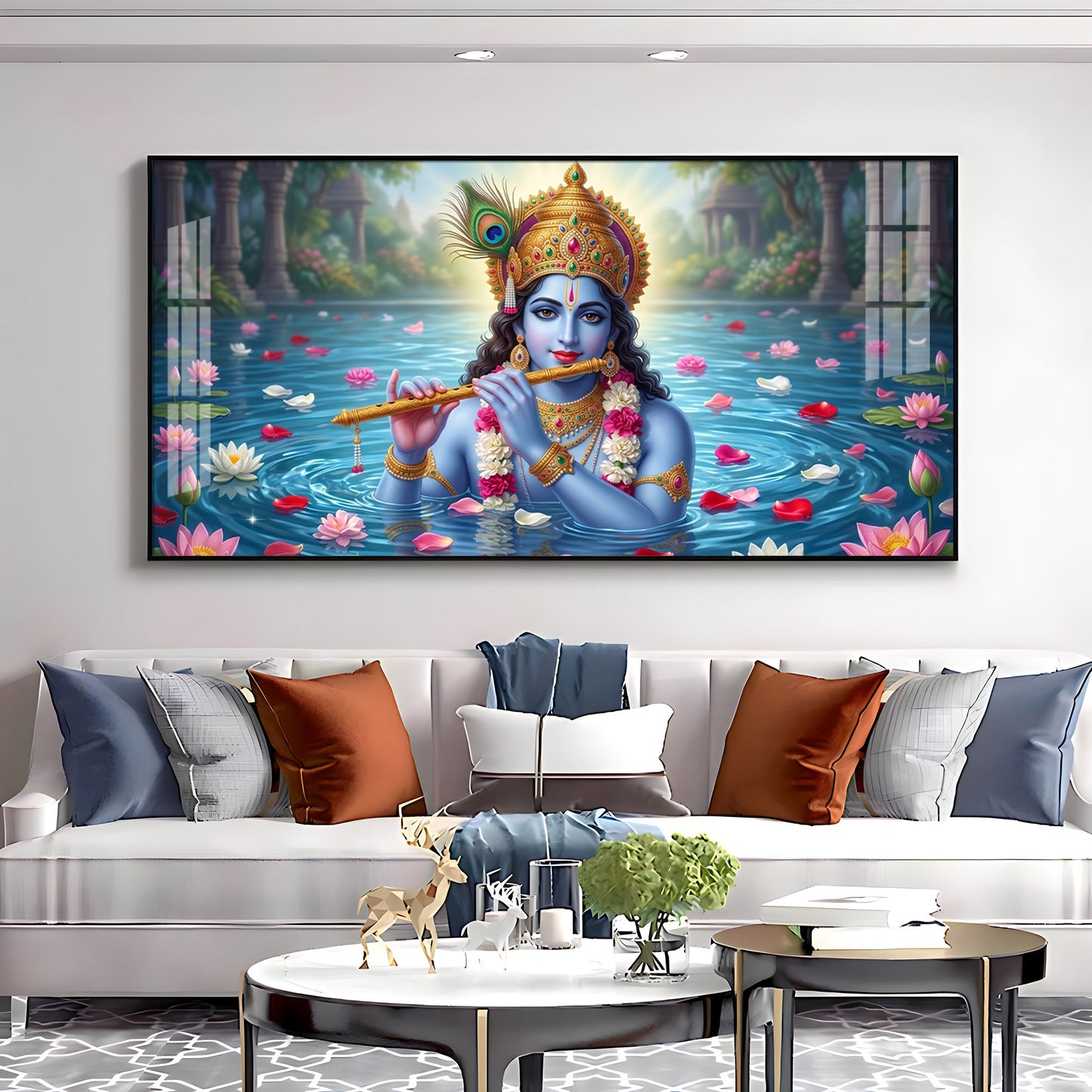 Krishna With Flute Under Pond Premium Acrylic Horizontal Wall Art
