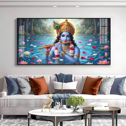 Krishna With Flute Under Pond Premium Acrylic Horizontal Wall Art