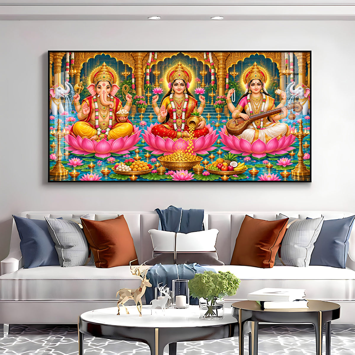 Divine Lord Ganesha, Goddess Lakshmi, and Goddess Saraswati Premium Acrylic Horizontal Wall Art